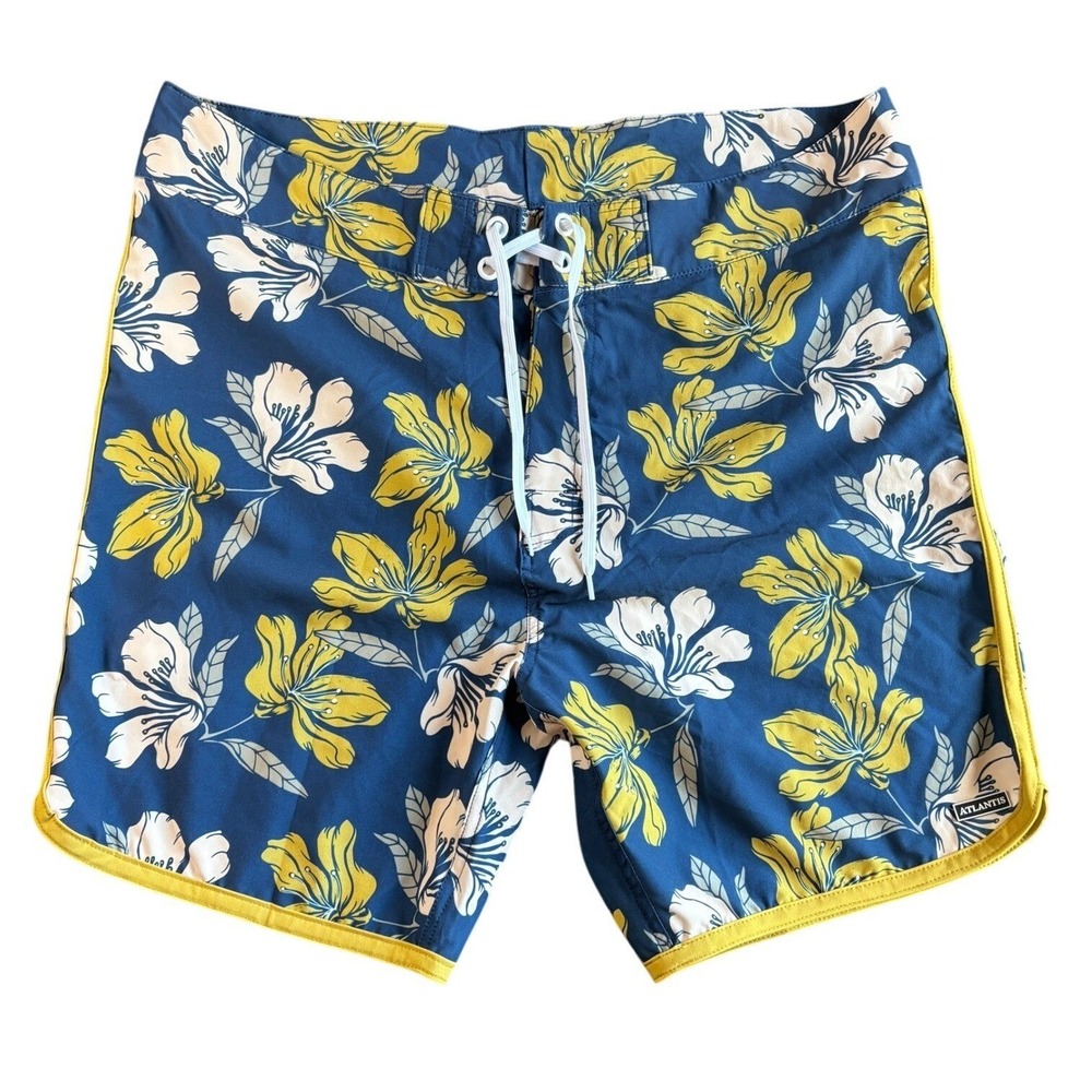 Atlantis Mens Size 38 Swim Trunks Board Shorts Floral Blue Yellow Tropical